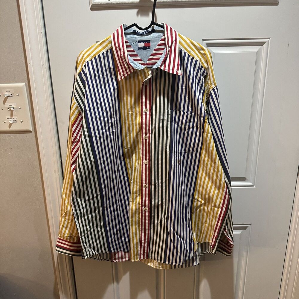 Tommy Hilfiger Button Down Shirt Men's XXL Vintage 90s Multicolor Stripe Cotton